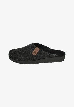 Zwarte vilten pantoffels met een bruine leren accent, instapontwerp, iets verhoogde hak en een verharde rubberen zool.