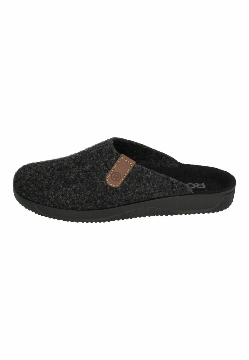 Zapatillas de fieltro negras con un acento de cuero marrón, diseño de tipo slip-on, tacón ligeramente elevado y suela de goma texturizada.