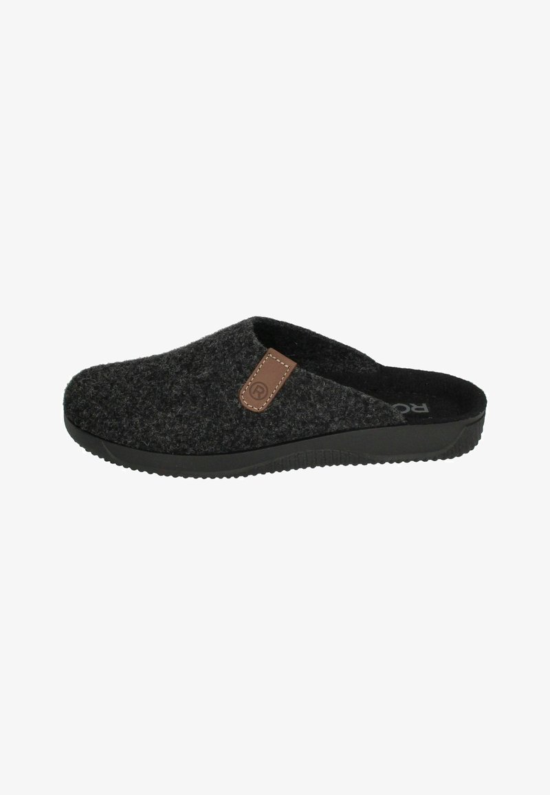 Sorte filt slippers med et brunt læderdetalje, slip-on design, let forhøjet hæl og tekstureret gummisål.