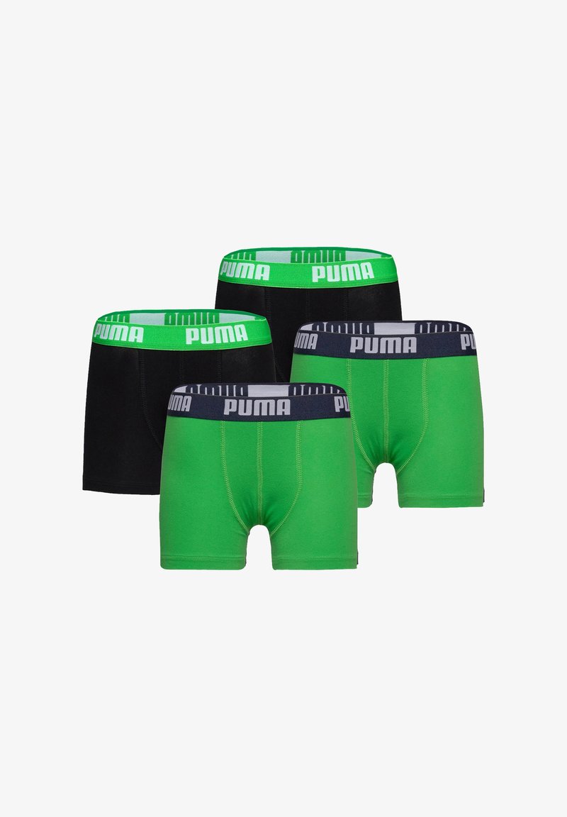 Herren-Boxershorts-Pack, bestehend aus zwei schwarzen und zwei grünen Paaren. Grüne Taillenbänder zeigen das "PUMA"-Logo; schwarze verfügen über dunkelblaue Taillenbänder. Baumwollmischung.