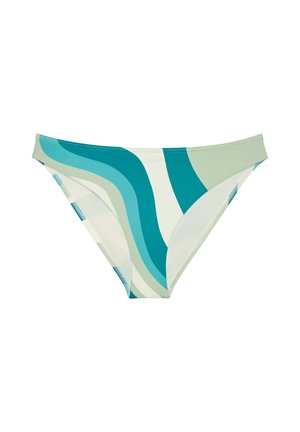 Kostium kąpielowy w formie dolnej części bikini, z falistym wzorem w odcieniach niebieskiego, jasnej zieleni i kremu. Wykonany z gładkiego materiału o średniej wysokości.