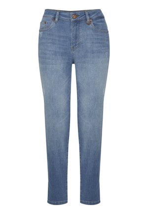 Jeans di denim azzurro chiaro con taglio dritto, chiusura a bottone, design a cinque tasche e leggera sbiaditura sia sul davanti che sul retro.