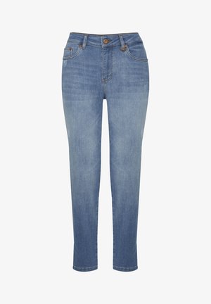 Jeans di denim azzurro chiaro con taglio dritto, chiusura a bottone, design a cinque tasche e leggera sbiaditura sia sul davanti che sul retro.