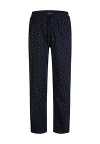 Navy pyjamabroek met een koord in de taille, gemaakt van zachte stof met een herhaald lichtblauw ankerpatroon.