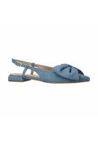 Ballerine slingback in tessuto blu con dettaglio a fiocco sulla punta, tacco basso a blocco e cinturino alla caviglia con fibbia regolabile.