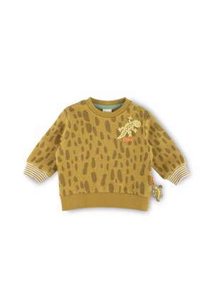 Gelbes Baumwollpullover mit gepunktetem Muster, gerippten Bündchen, einem runden Halsausschnitt und einem verspielten Tierapplikation auf der Vorderseite.