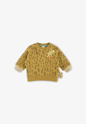 Yellow cotton sweater featuring a spotted pattern, ribbed cuffs, a round neckline, and a playful animal applique at the front.
