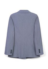 Blazer grigio con finitura testurizzata, design monopetto, rever a punta e quattro bottoni neri sui polsini.