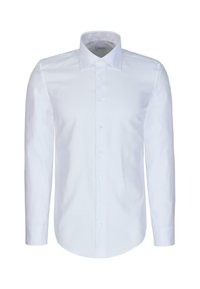 Chemise blanche homme à manches longues avec col pointu et boutons sur le devant, présentée sur un fond blanc uni.