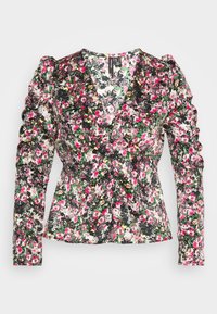 Blusa floreale in tessuto nero, con vivaci motivi di fiori rosa e verdi, una scollatura a V e maniche arricciate per un tocco di texture.
