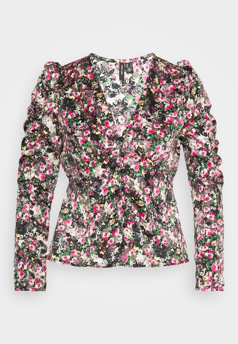 Blusa floreale in tessuto nero, con vivaci motivi di fiori rosa e verdi, una scollatura a V e maniche arricciate per un tocco di texture.