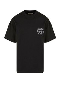 Black cotton t-shirt with short sleeves. Features "Sunday Running Club" text in white on the left side. Classic round neck design.