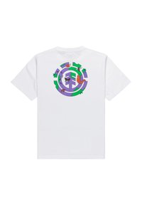 Camiseta de algodón blanca con un gráfico colorido en la parte de atrás, que presenta un diseño circular en púrpura y verde con motivos de insectos y una oruga.