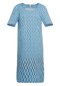 Korte mouwen jurk in lichtblauwe stof met een cirkelpatroon in verschillende tinten blauw, met een ontspannen pasvorm en een ritssluiting aan de achterkant.