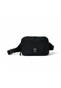 Musta vyötärölaukku säädettävällä hihnalla, etutasku vetoketjulla ja logoa sekä tekstiä sisältävä tarra.