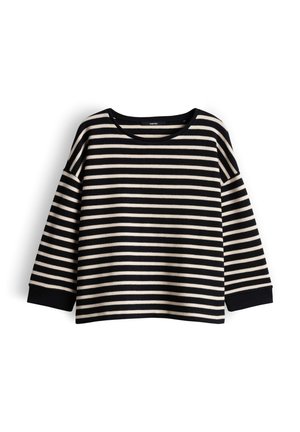 Gestreiftes Langarmshirt in Schwarz und Creme. Verfügt über einen runden Ausschnitt und einen lockeren Sitz, mit gerippten Bündchen und weicher Textur.