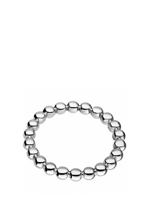 Stretchy bracelet made of polished silver rounded beads linked in a continuous loop on a white background.