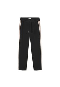 Schwarze Jogginghose mit elastischem Bund, Kordelzug, Seitentaschen und cremefarbigen sowie taupefarbigen Streifenakzenten entlang der Beine.