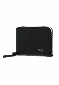 Portefeuille en cuir noir avec fermeture éclair, présentant une texture lisse, un motif en grille sur le devant et un logo m étallique en accent.