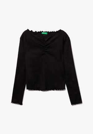 Top lungo in maglia a coste nero con arriccio al centro anteriore e orlo a lembi di lattuga su scollatura, polsini e orlo.