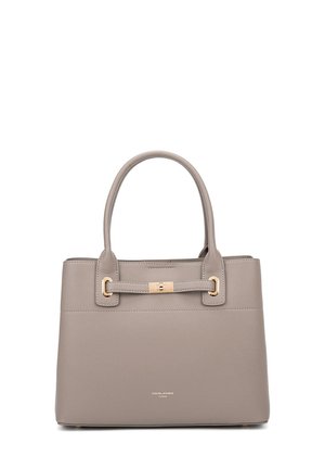 Gray textured leather handbag with two handles, gold-tone hardware, and a minimalistic design. Features a clasp closure and brand logo.