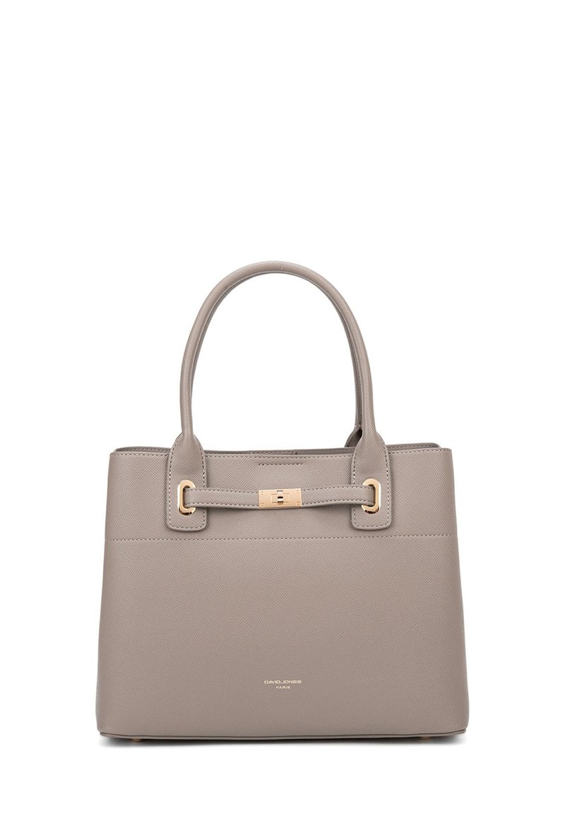 Borsa a mano in pelle grigia con texture, dotata di due manici, hardware dorato e design minimalista. Presenta una chiusura a scatto e il logo del marchio.