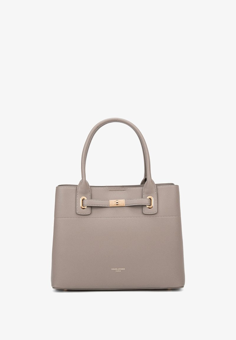 Borsa a mano in pelle grigia con texture, dotata di due manici, hardware dorato e design minimalista. Presenta una chiusura a scatto e il logo del marchio.