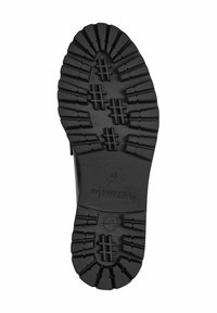 Semelle d'une botte noire avec des motifs de profondeur incluant des formes quadrillées et des rainures pour la traction, taille indiquée 37.