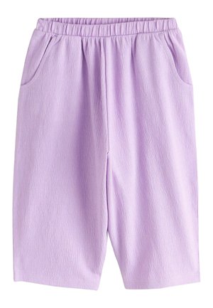 Heledat lilla tekstuuriga kangast lühikesed püksid elastse vööümbrise ja küljetaskutega, põlvepikkune disain.