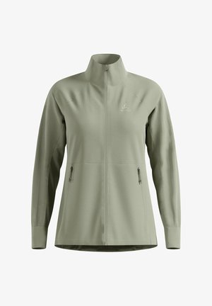 Hellgrüne Full-Zip-Jacke mit Stehkragen, langen Ärmeln, zwei mit Reißverschluss versehenen Seitentaschen und einem kleinen Logo auf der Brust.