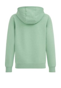 Felpa verde menta con cappuccio regolabile, polsini e orlo a coste, e texture liscia. Vista posteriore che mostra un design minimalista senza loghi visibili.