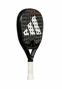 Black paddle with a carbon fiber texture, featuring a white logo and multiple perforations. The grip is wrapped in white with orange accents.