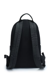 Black backpack with a mesh back and straps, featuring a smooth bottom and a loop handle at the top for easy carrying.