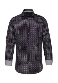 Camicia blu scuro con motivo paisley bianco, maniche lunghe e polsini grigi. Presenta una chiusura con bottoni e un colletto classico.