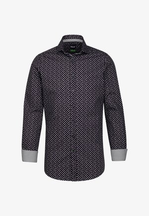 Camicia blu scuro con motivo paisley bianco, maniche lunghe e polsini grigi. Presenta una chiusura con bottoni e un colletto classico.