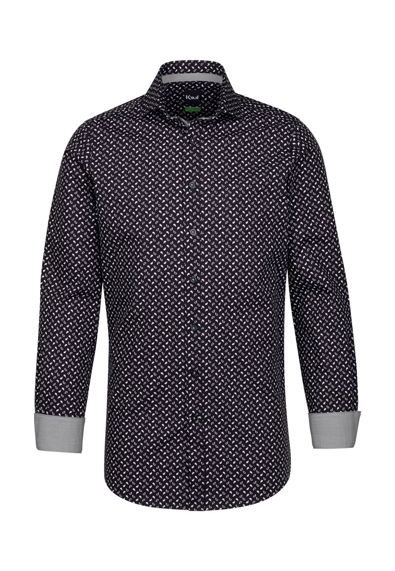 Camicia blu scuro con motivo paisley bianco, maniche lunghe e polsini grigi. Presenta una chiusura con bottoni e un colletto classico.