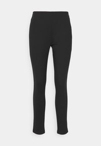 Svarta leggings i elastiskt material med en slät yta och figurnära design. Inga synliga knappar eller mönster.