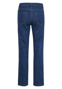 Jean en denim bleu foncé avec une coupe droite. Les caractéristiques incluent des poches arrière et des coutures jaunes. Le tissu semble durable et lisse.