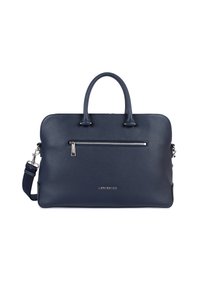 Punta blu in pelle con manici superiori, tracolla staccabile, tasca frontale con zip e logo argentato Lancaster.