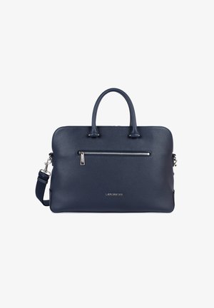 Malette en cuir bleu marine avec poignées supérieures, bandoulière amovible, poche zippée avant et logo Lancaster en argent.