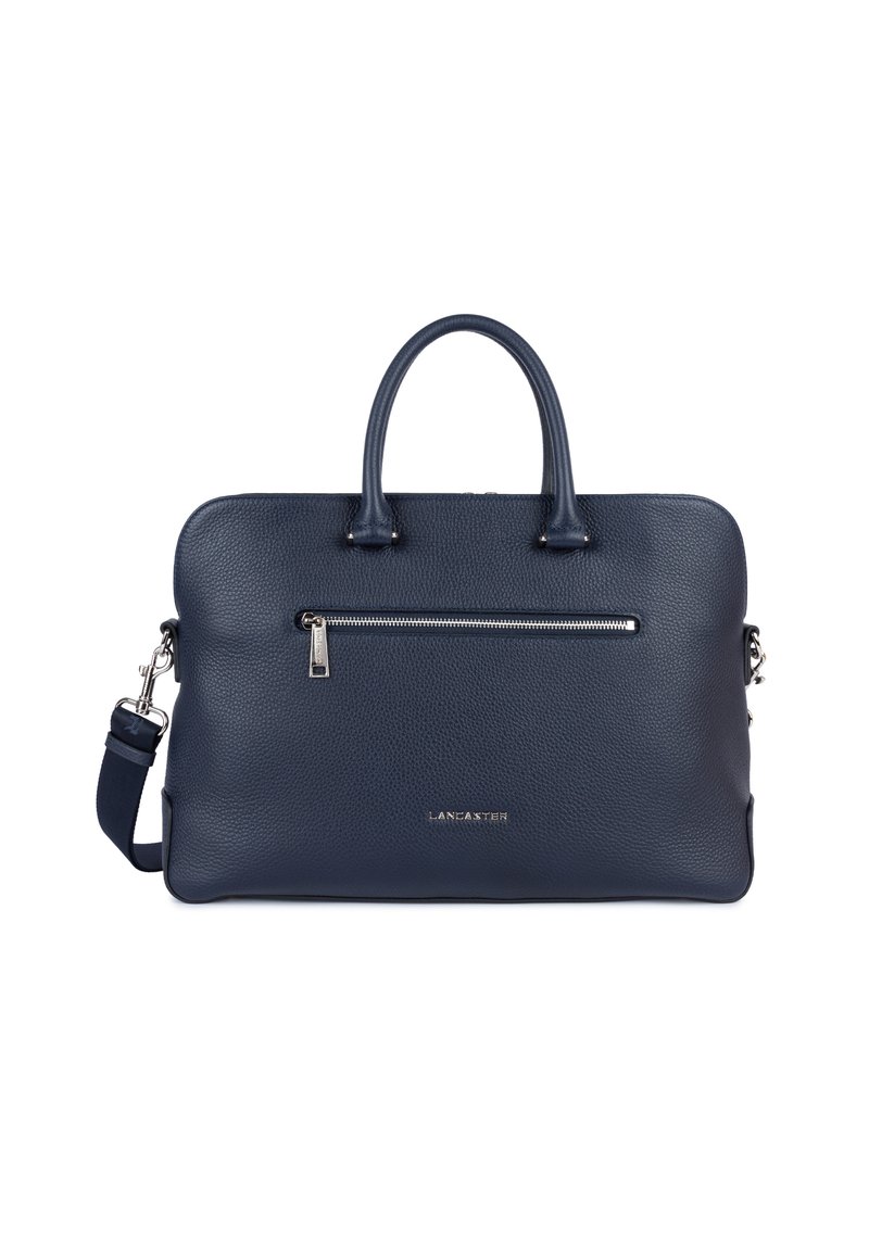 Punta blu in pelle con manici superiori, tracolla staccabile, tasca frontale con zip e logo argentato Lancaster.