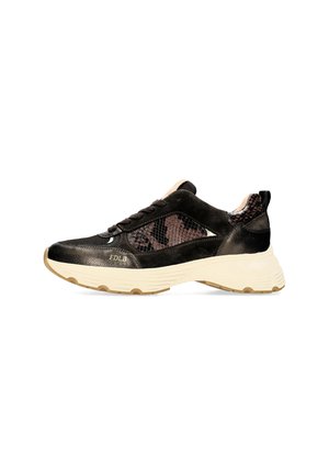 Black and brown sneakers featuring suede and sleek textured materials, with a chunky sole and subtle snake print accents.