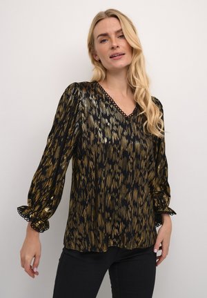 Black blouse featuring a gold metallic striped pattern, V-neckline with decorative edging, and puffed sleeves with lace trim.