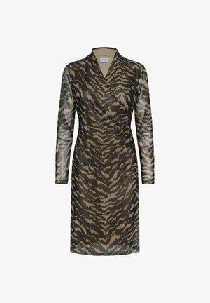 Průhledné zavinovací šaty v olivově zeleném a béžovém tygrovaném vzoru, s dlouhými rukávy, výstřihem do V a nařasením v pase.