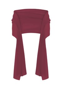 Burgundy wrap top made of lightweight fabric, featuring a ruched bodice and flowing sleeves, with a smooth texture and draped design.