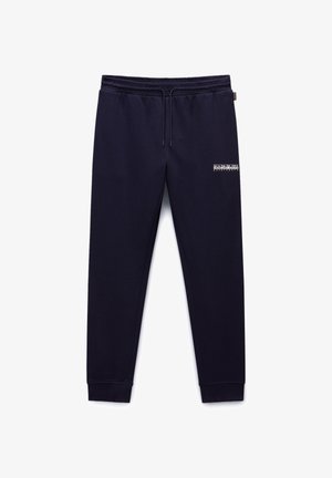 Navyblaue Sweatpants aus Baumwollmischung, mit elastischem Bund und Kordelzug, engen Bündchen und einem kleinen Logo am linken Oberschenkel.