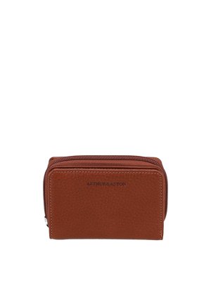 Portefeuille en cuir marron texturé avec deux compartiments zippés, de forme rectangulaire, avec le nom de la marque embossé sur le devant.