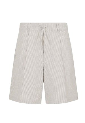 Bermuda beige a righe realizzati in tessuto testurizzato, dotati di vita elasticizzata, chiusura con cordino e tasche laterali.