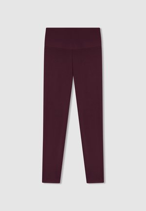 Leggings borgogna realizzati in tessuto elasticizzato morbido. Design a lunghezza completa con una fascia larga in vita. Nessun motivo visibile o dettagli in metallo.