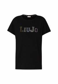 T-shirt nera a maniche corte con colletto tondo, con un design del logo "LiuJo" colorato e borchiato sulla parte anteriore. Materiale in cotone morbido.